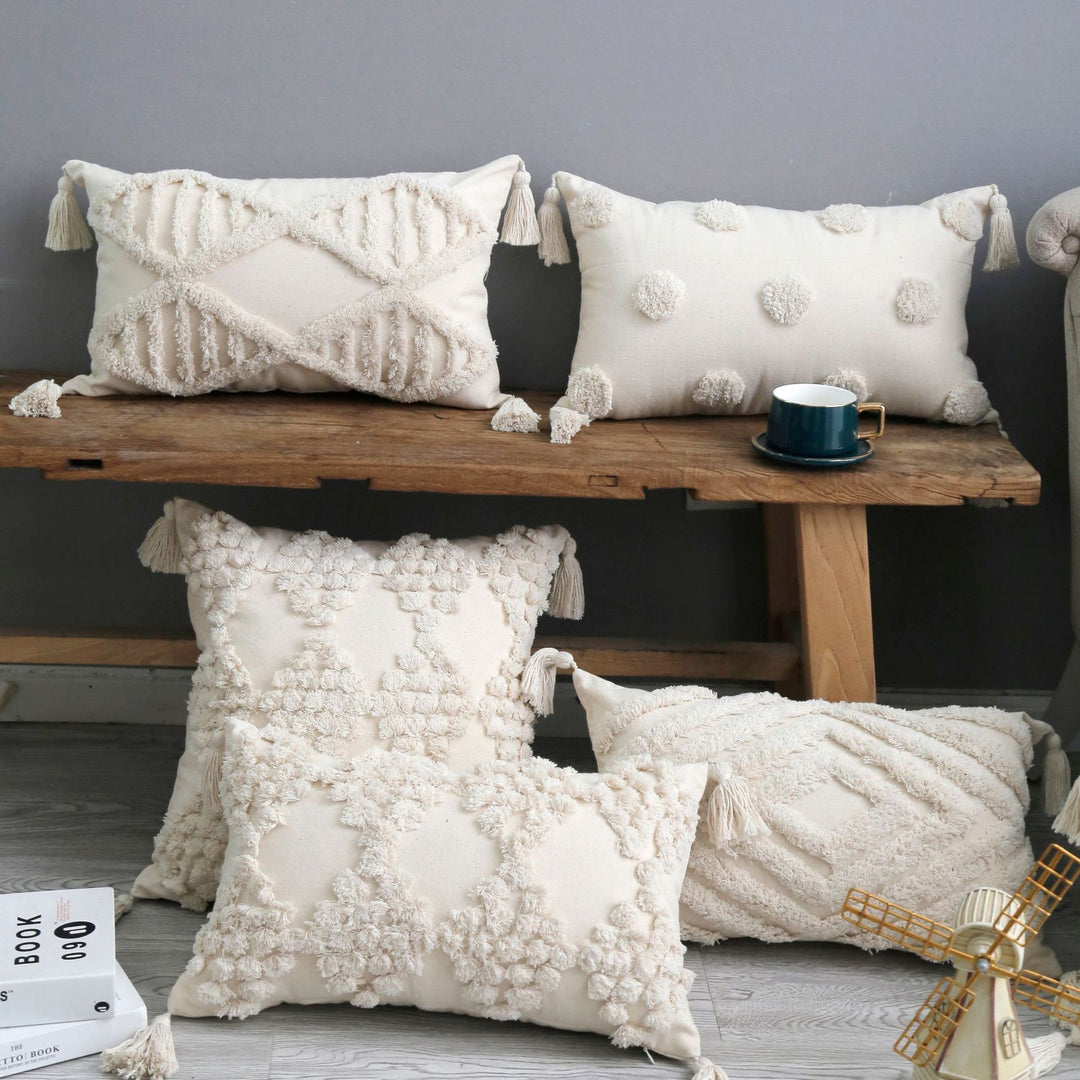 Bohemian Tufted Cotton Lumbar Throw Pillow with Clustered Fringe Texture and Corner Tassels