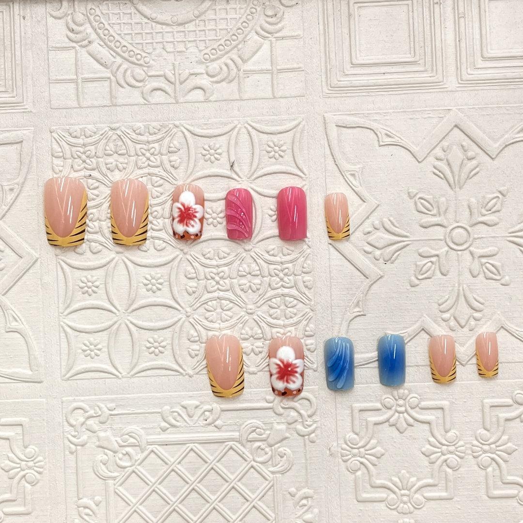 Artistic Press-On Nail Set with Floral and Wave Designs Kalsten