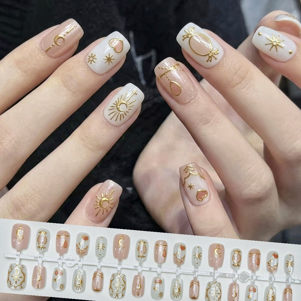 Artistic Press-On Nails Set with Celestial Designs