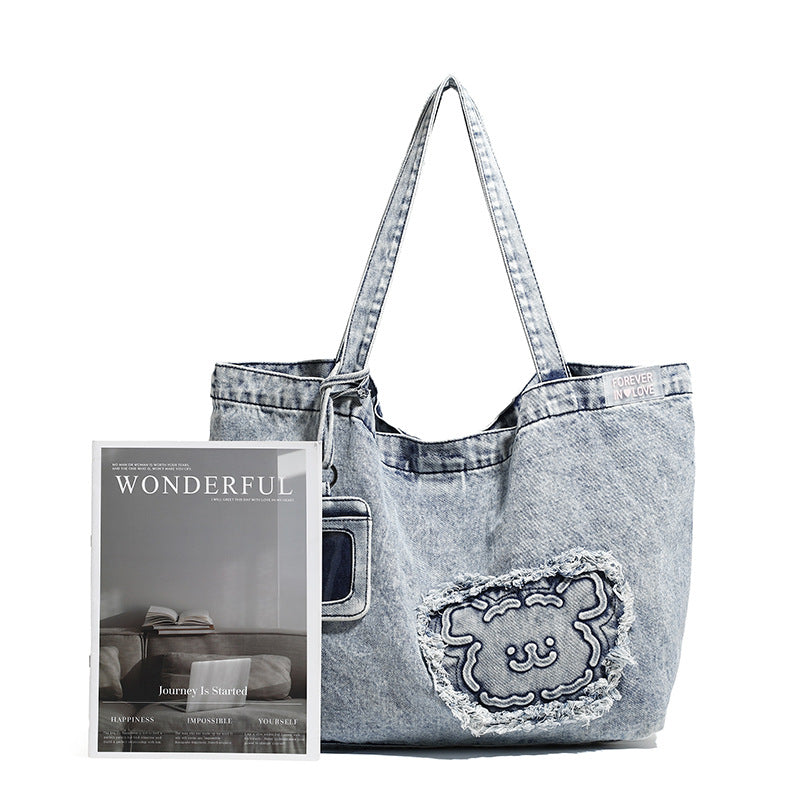 Denim Tote Bag with Embroidered Patch