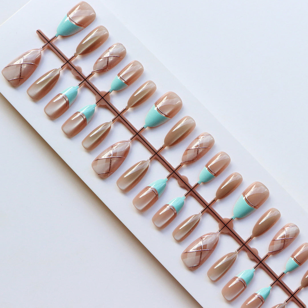 Artistic Press-On Nail Set with Gold Accents