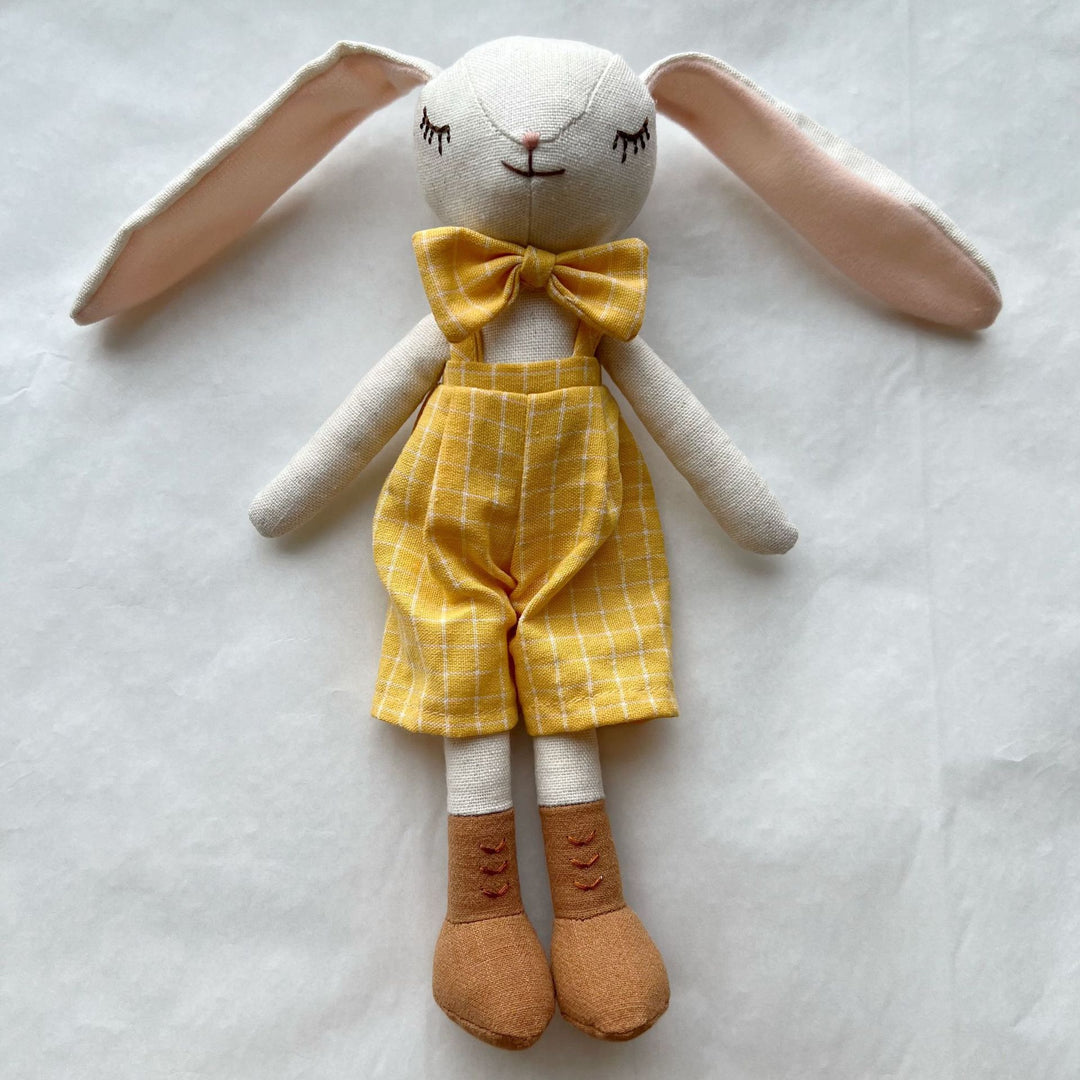 Handcrafted Neutral Linen Bunny Plush with Long Floppy Ears and Removable Two‑Piece Outfit
