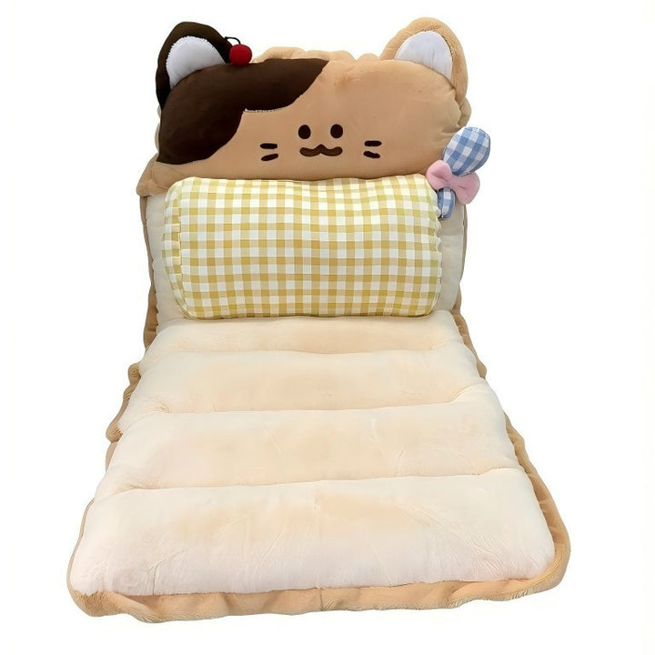 Plush seat cushion with high backrest and removable lumbar pillow in cute cat design