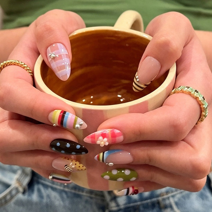 Acrylic nail set with colorful patterns and creative designs Kalsten