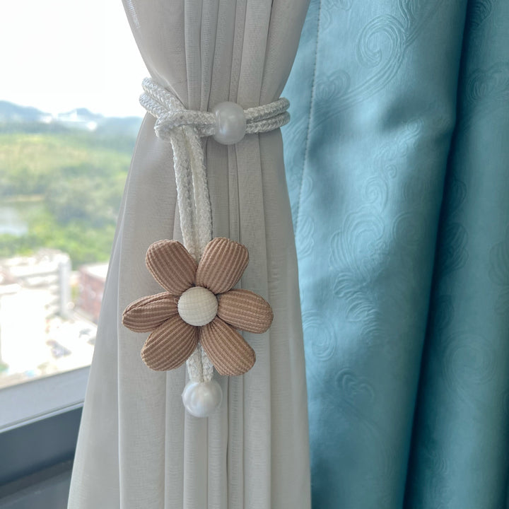 Fabric Flower Curtain Tieback with Braided Rope and Faux Pearl Accent