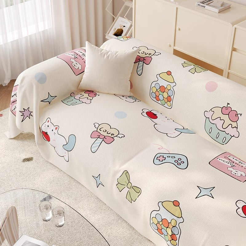 Decorative Cotton-Linen Kawaii Candy and Cat Print Sofa Slipcover
