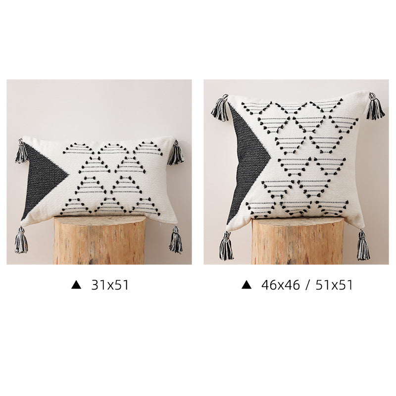 Woven decorative cushion cover with geometric tuft pattern, tassels and concealed zipper