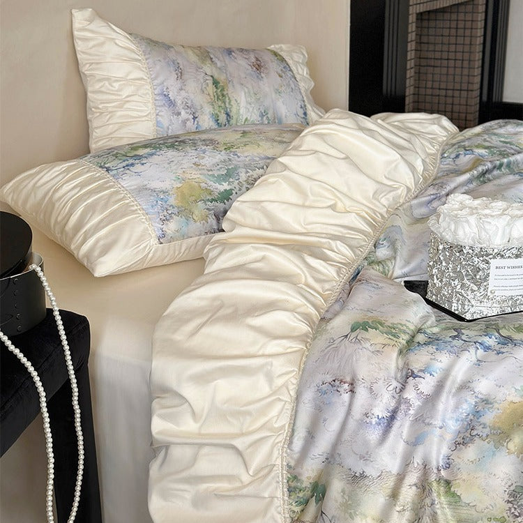Luxurious satin bedding set with ruffles and watercolor floral pattern