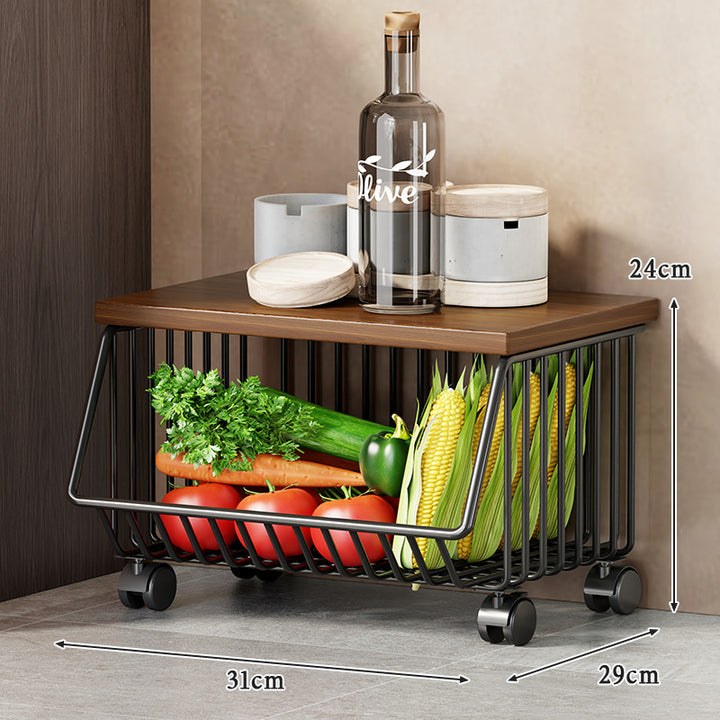Multi-Tier Rolling Kitchen Pantry Cart with Wood Top and Deep Wire Storage Baskets