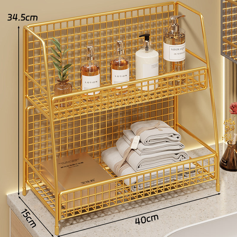 Angled Desktop Mesh Vanity and Countertop Organizer with Three Wire-Tier Baskets and Grid Back