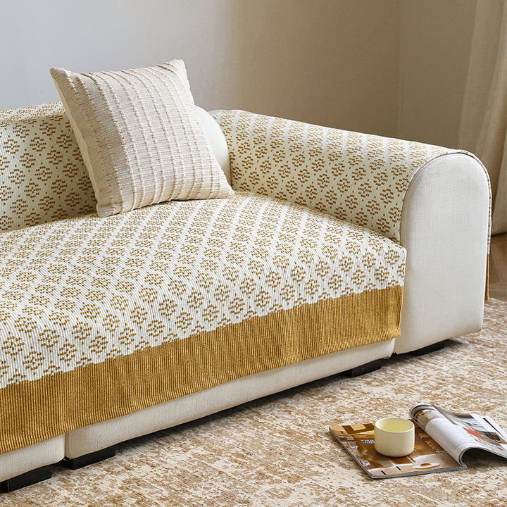 Sofa cover and sofa runner made of knitted cotton blend with non-slip edge