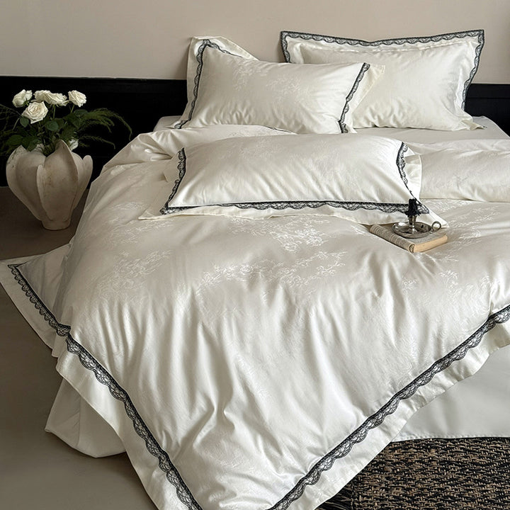 Jacquard cotton satin bedding set with fine lace trim