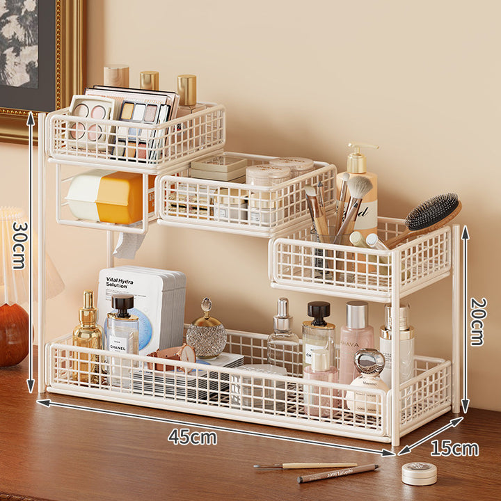 Multi-Tier Metal Mesh Vanity Organizer with Tissue Holder and Adjustable Shelves