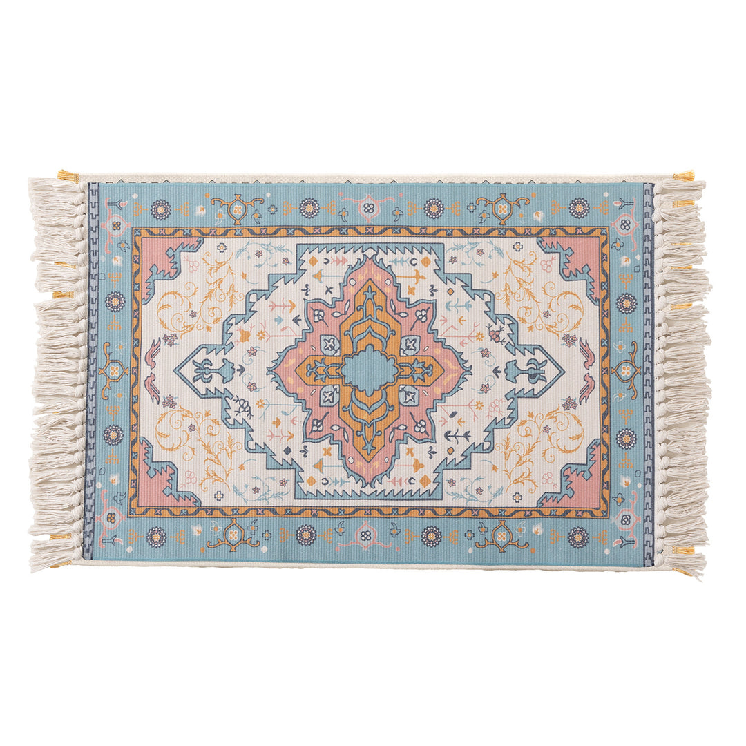 Woven oriental carpet runner with fringes and intricate medallion pattern Kalsten