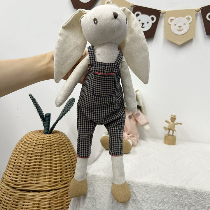 Soft Vintage-Style Long-Eared Fabric Bunny Doll in Checked Overalls
