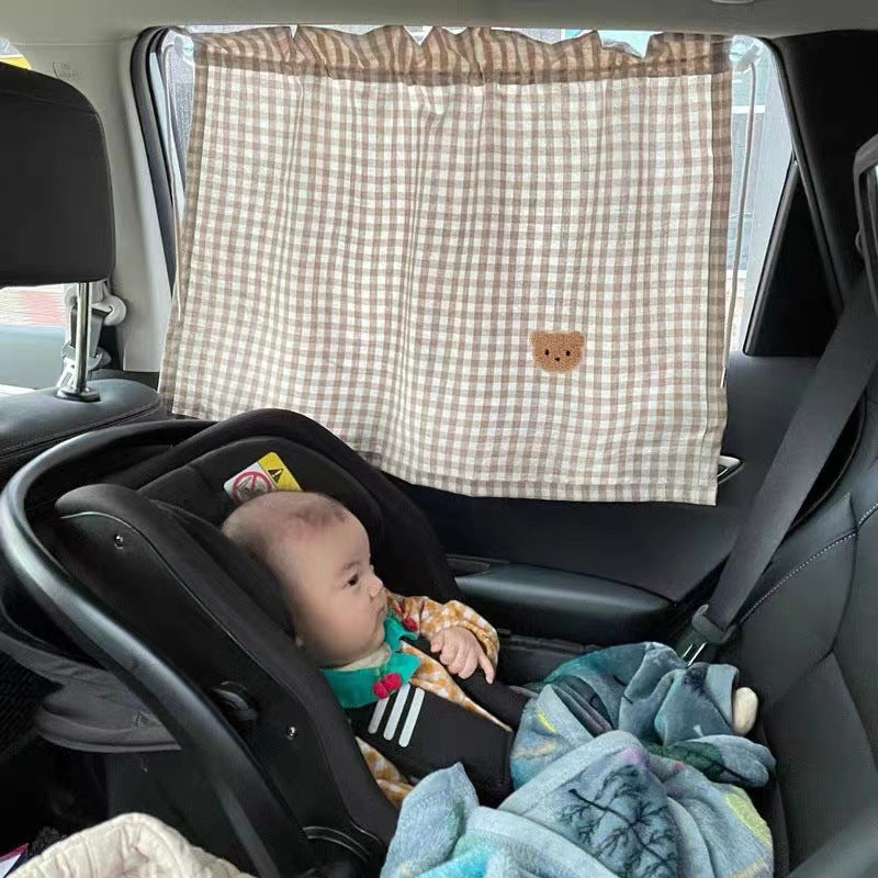 Car Window Privacy Curtain Sunshade with Suction Cups and Gingham Cotton Panel
