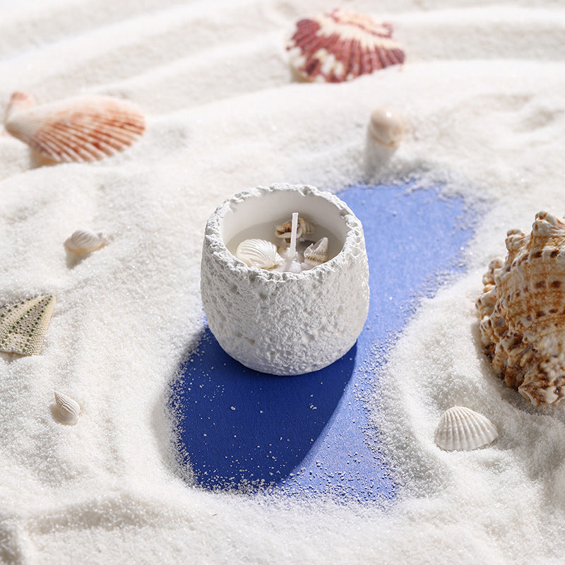Hand-Poured Seashell-Embedded Textured Ceramic Tealight Candle