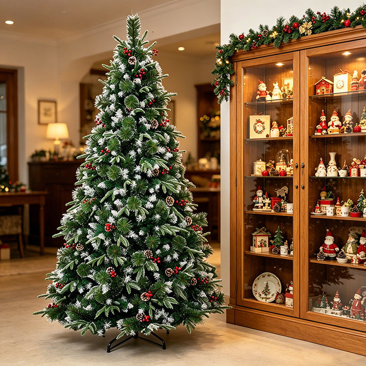 Artificial Christmas Pine Tree with Snow-Frosted Tips and Decorative Ornaments