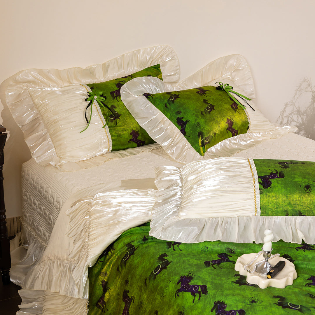 Exclusive satin bedding set with horse print, pleated ruffles and decorative trim