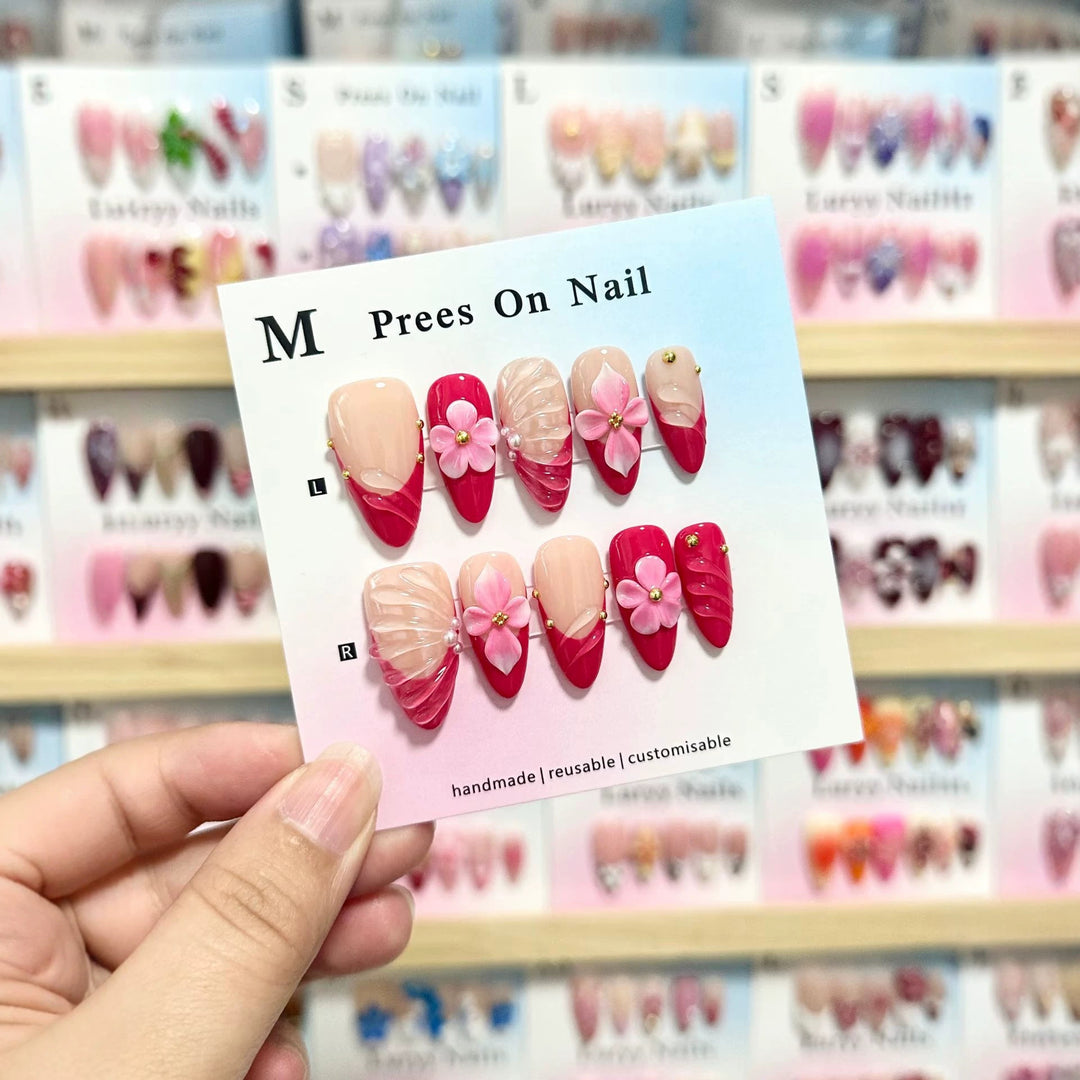 Artistic Press-On Nail Art Set with Floral and Gem Accents  1791774221