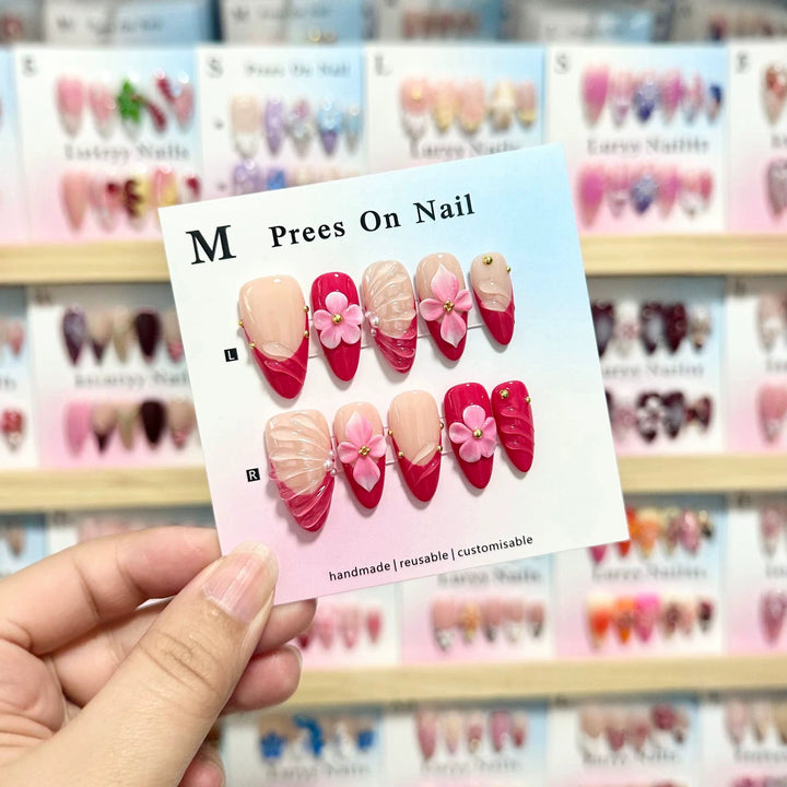 Artistic Press-On Nail Art Set with Floral and Gem Accents  1791774221