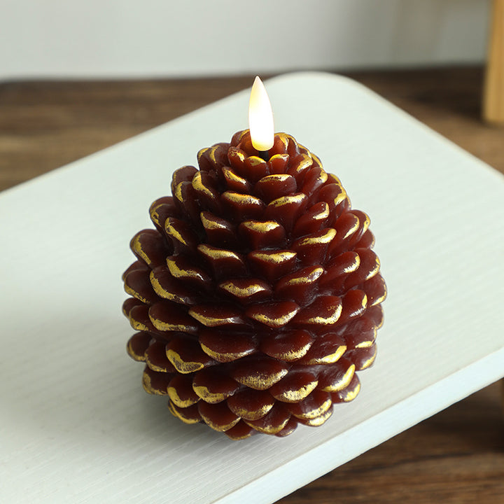 Pinecone-Shaped LED Wax Decorative Candle with Flickering Flame and Snow-Dusted Finish