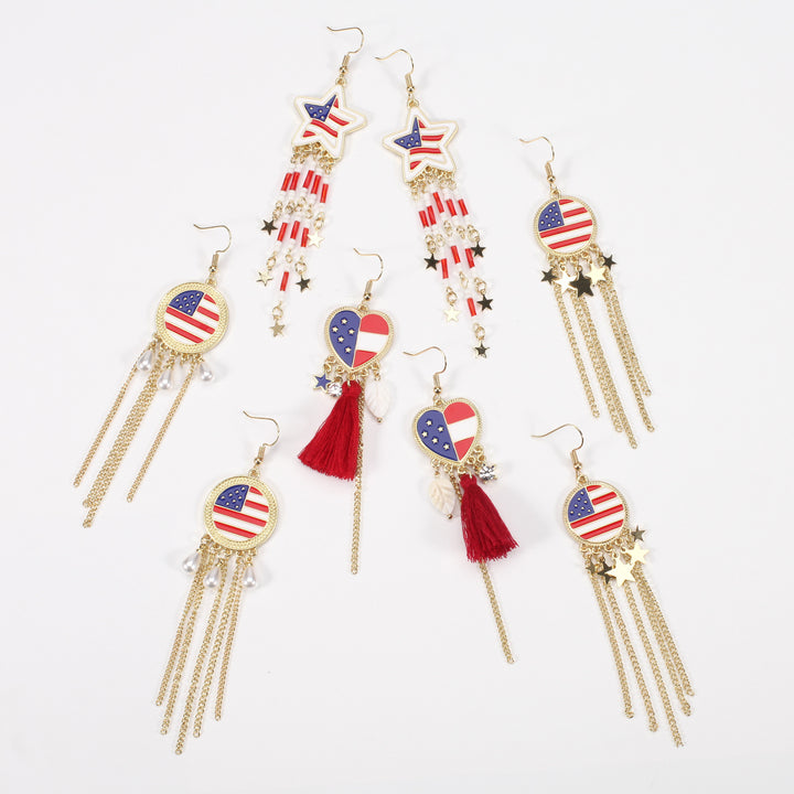 Women's nan long beaded fringe dangle earrings with enamel flag medallion and crystal drops Kalsten