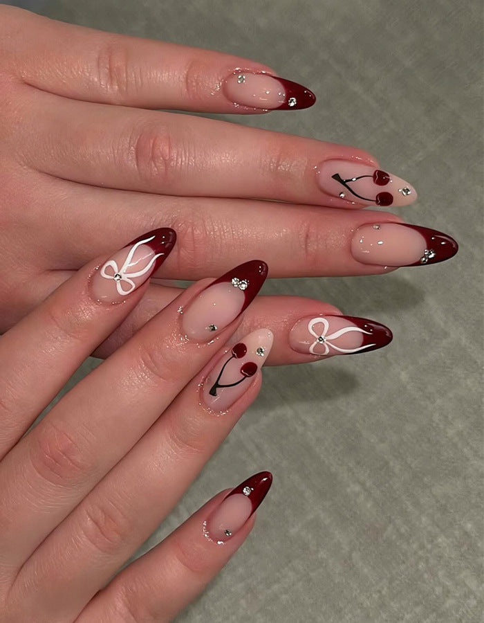 Artistic Stiletto Press-On Nail Set with Cherry and Bow Designs Kalsten
