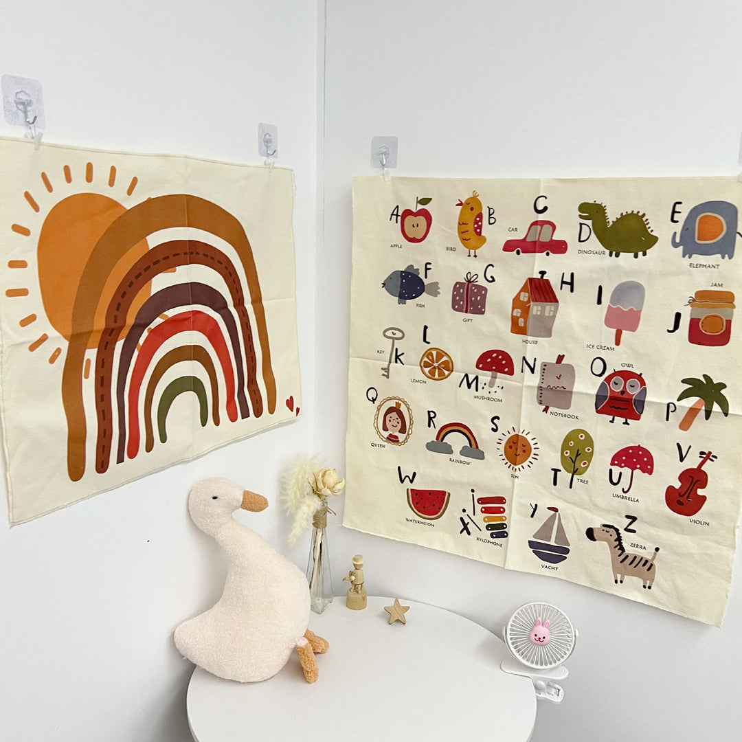 Retro Boho Rainbow Cotton Wall Tapestry with Sun Motif