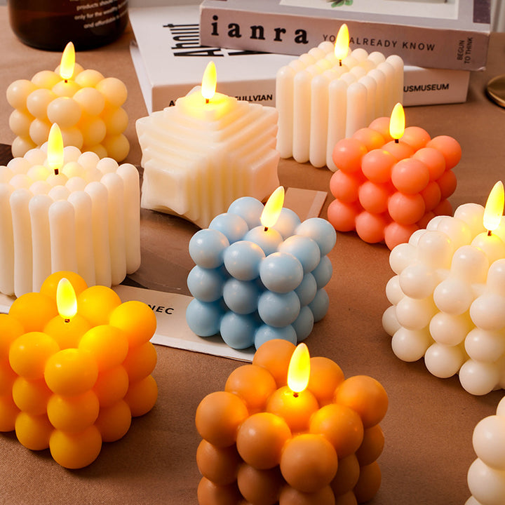 Bubble-Grid Cube LED Flameless Decorative Tabletop Candle Lamp
