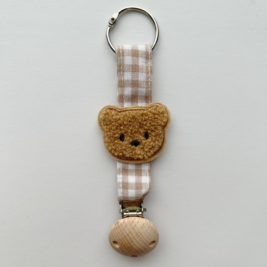 Handmade Wooden-Clip Pacifier Holder with Gingham Strap and Padded Flower Teether