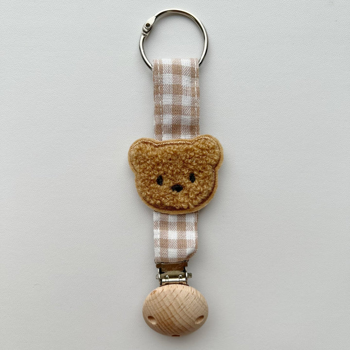 Handmade Wooden-Clip Pacifier Holder with Gingham Strap and Padded Flower Teether