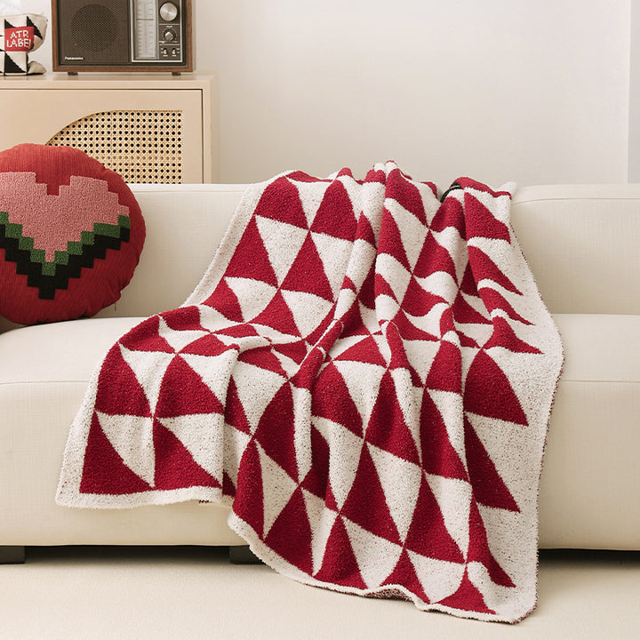 Large patterned bouclé throw blanket with geometric block pattern