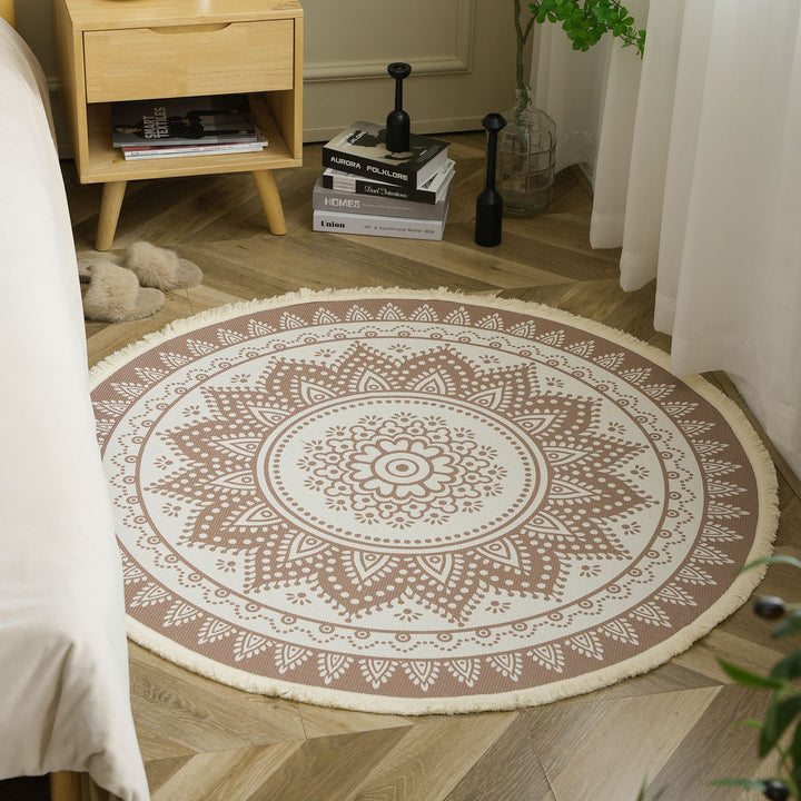 Beef Boho Cotton Rug with Mandala Print and Fringe Edge
