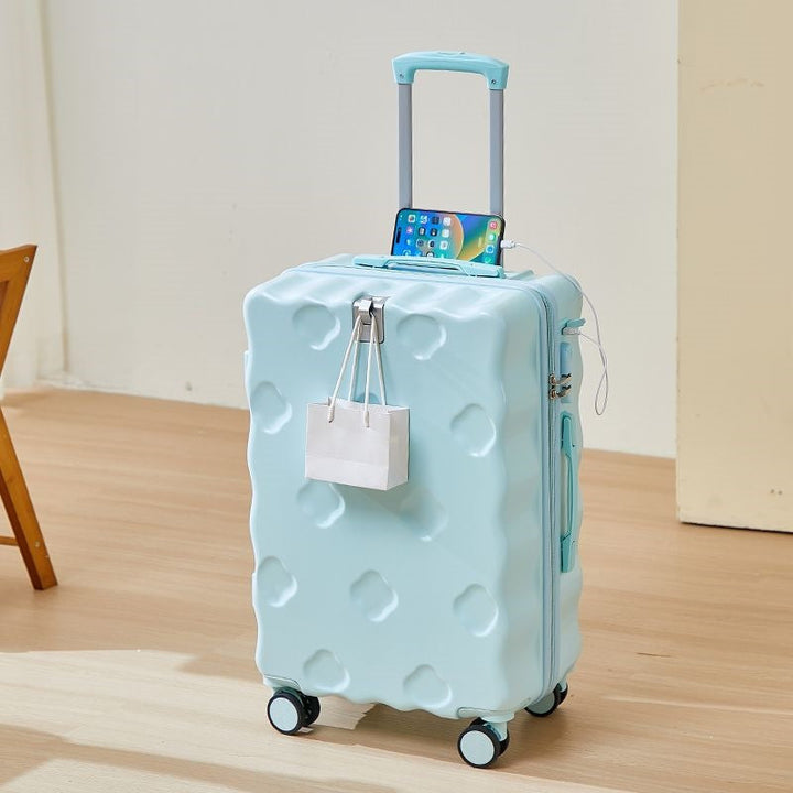 hard-shell carry-on suitcase with integrated foldable cup holder phone cradle USB charging port and external bag hooks Kalsten