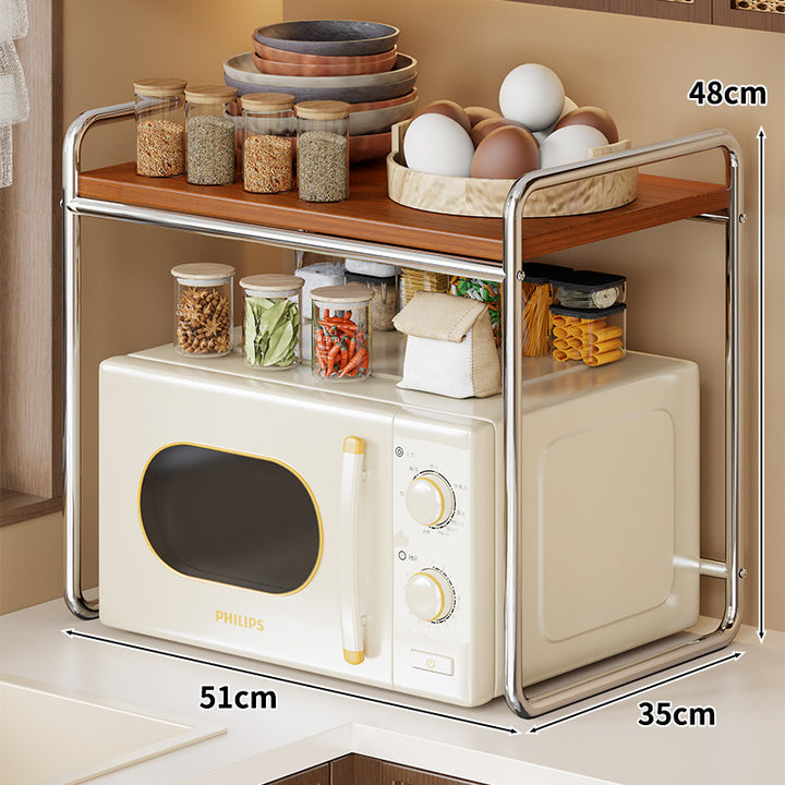 Kitchen Microwave Storage Rack with Sliding Wire Basket and Wooden Top