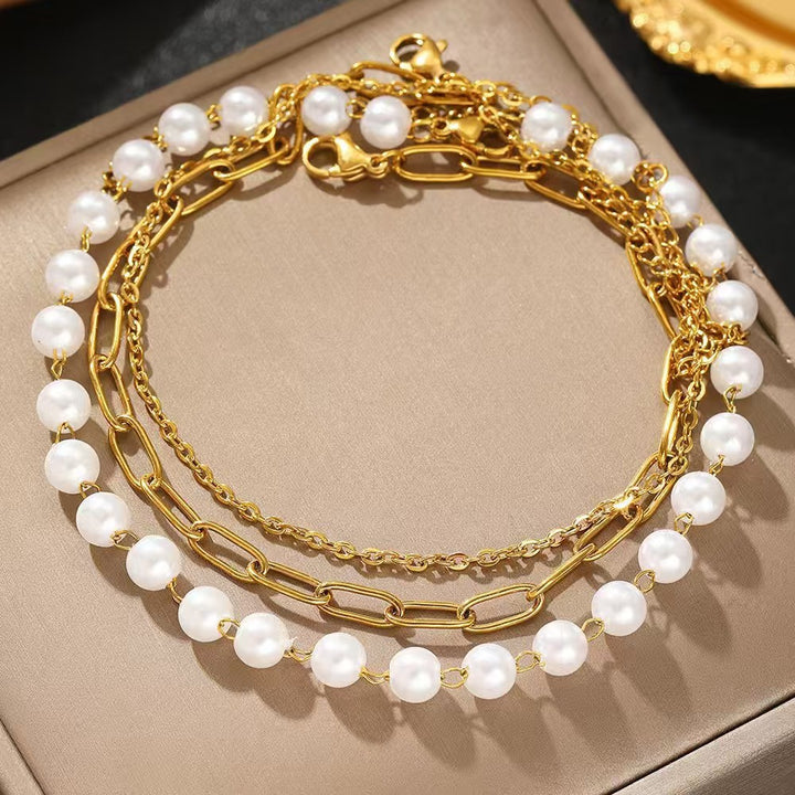 Elegant Layered Pearl and Chain Bracelet Set Kalsten