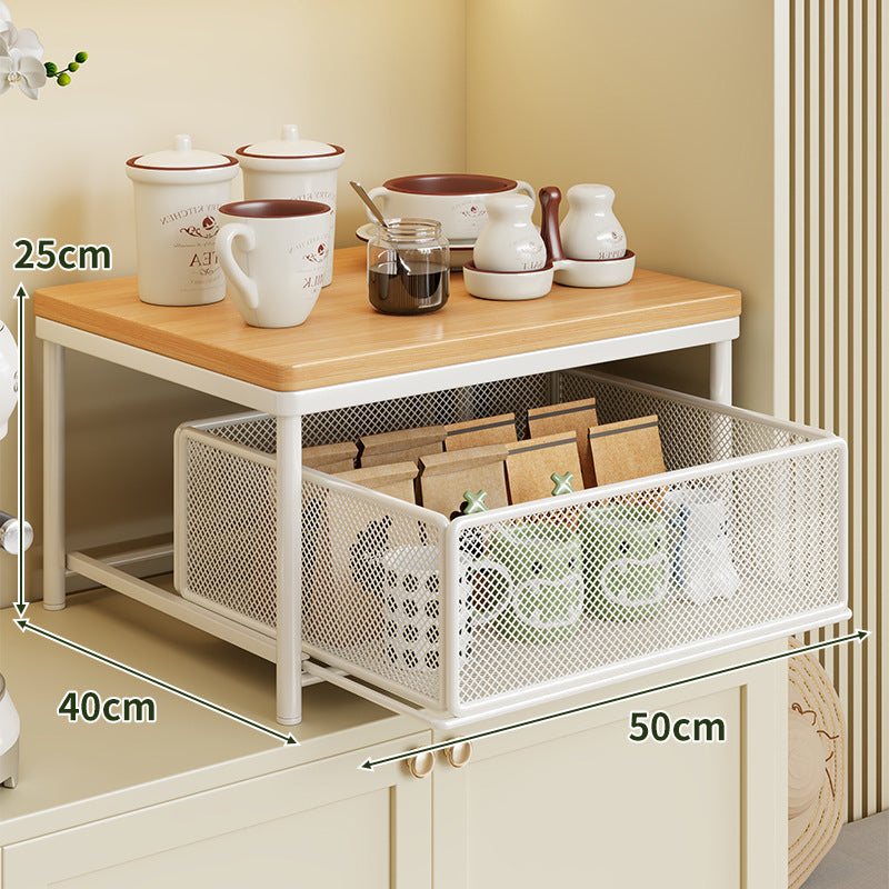 Sliding Mesh Cabinet Basket with Wood-Top Counter Riser