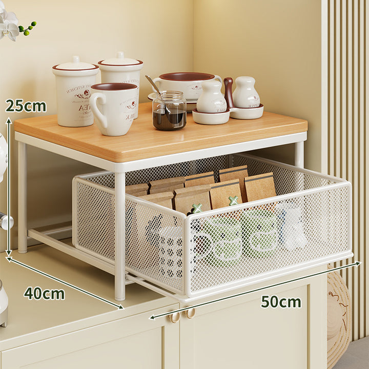 Sliding Mesh Cabinet Basket with Wood-Top Counter Riser