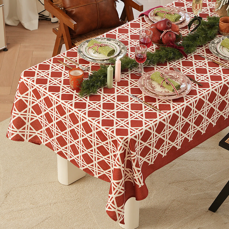Rectangular festive tablecloth made of cotton blend fabric with geometric grid relief and stain-resistant surface Kalsten