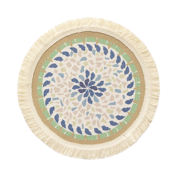 Round handmade woven decorative rug with fringes and botanical pattern Kalsten
