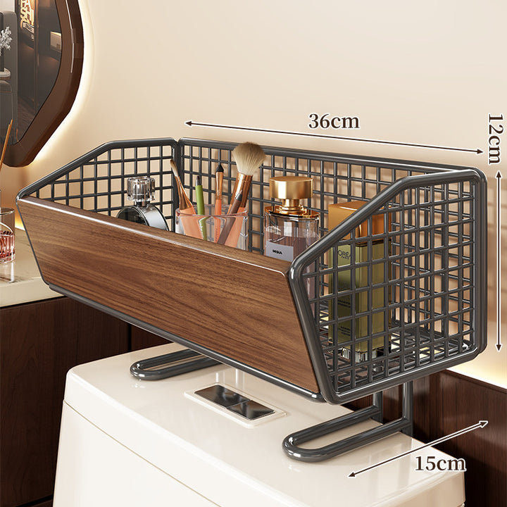 Elevated Mesh Bathroom Countertop Organizer Basket with Wood-Front and Chrome Frame