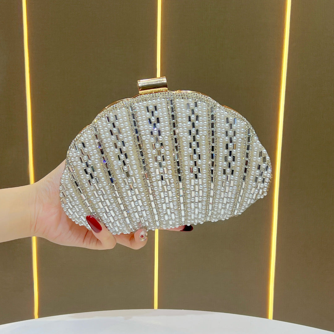 Pearl-Embellished Clamshell Evening Clutch