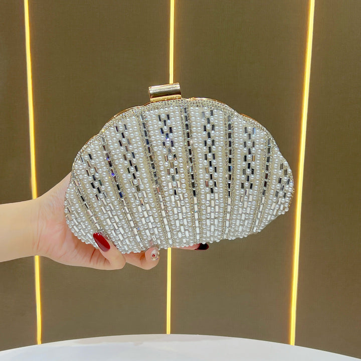 Pearl-Embellished Clamshell Evening Clutch