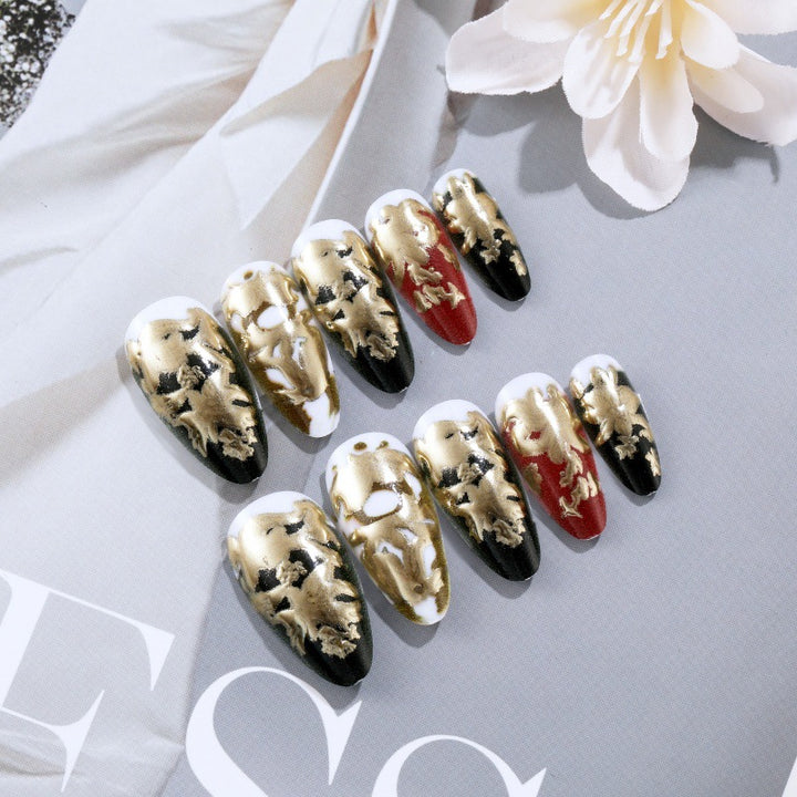 Elegant artificial nails with gold and black pattern Kalsten