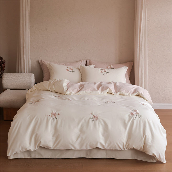 Elegant cotton satin bed cover set with rose embroidery and reversible look
