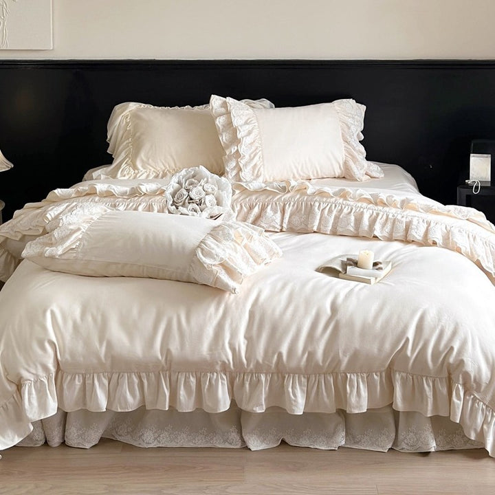 Vintage-inspired bedding set with ruffle trim and lace detailing