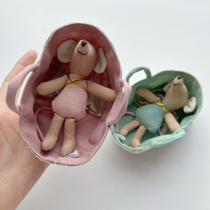 Mini Fabric Mouse Doll in Portable Linen Tote Playset