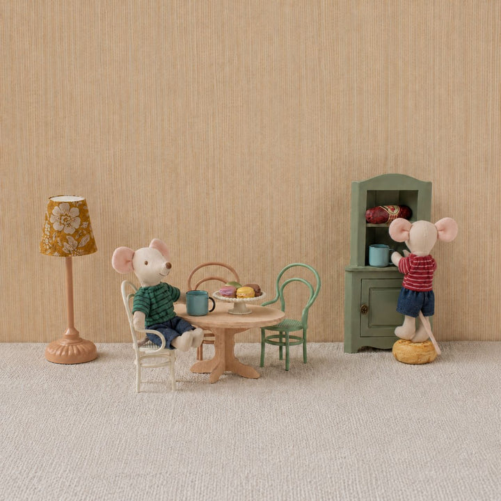 Handmade Plush Mouse Tea Party Playset with Wooden Table, Chairs and Mini Accessories