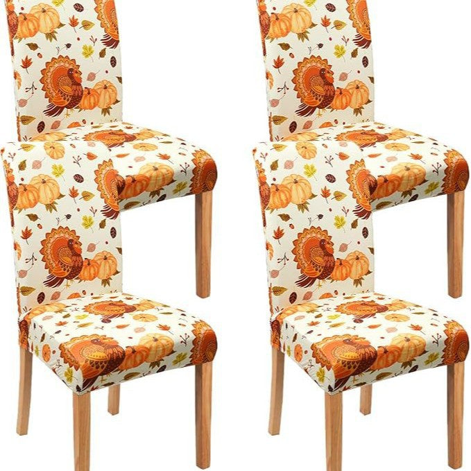 Stretch chair cover with autumn pumpkin and leaf motif